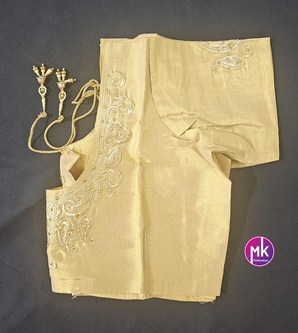 Golden Color Readymade Saree Blouse - Silk with Embroidery blouse - Size 44 - Saree/Lehenga Blouse - MK Fashionkart