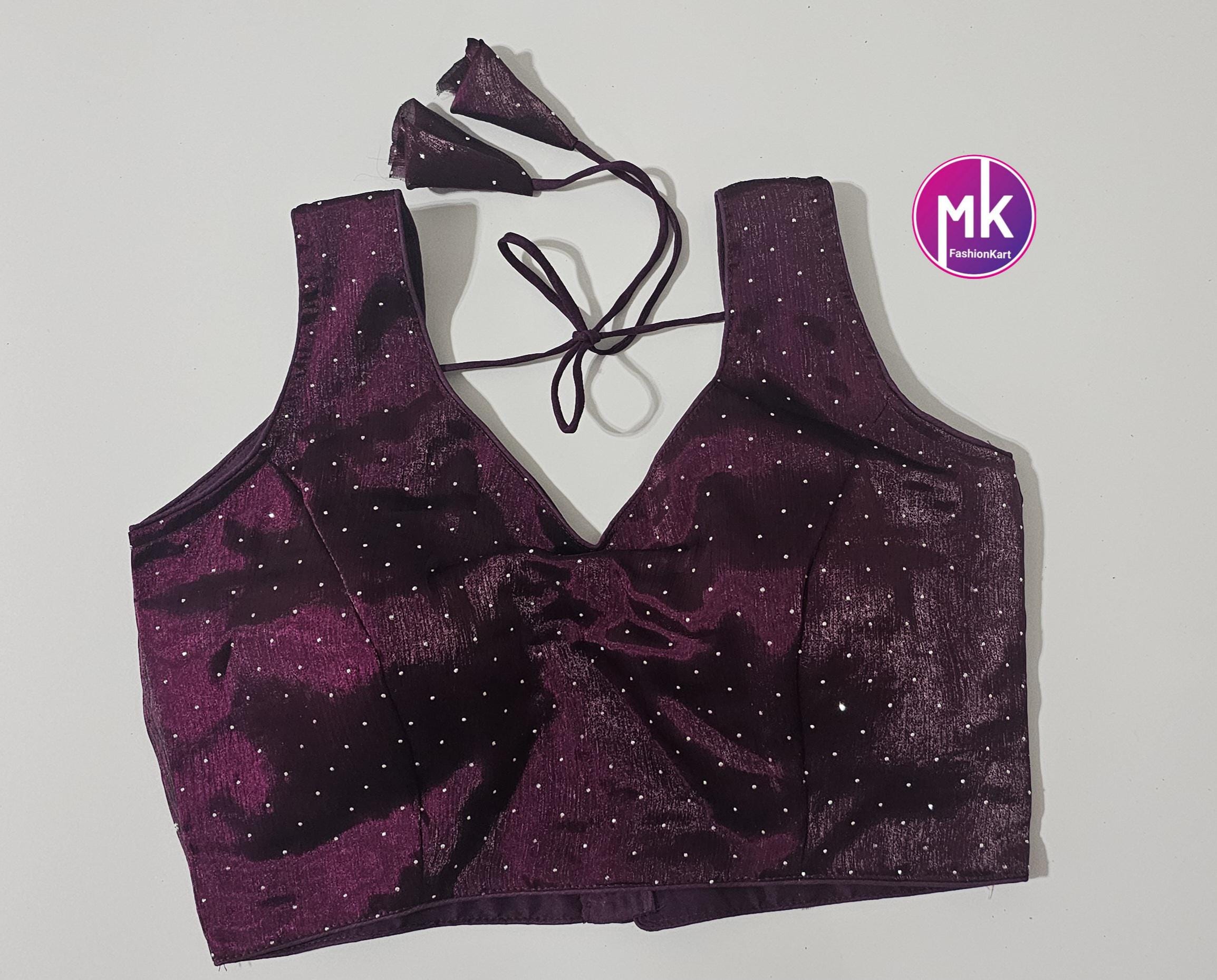 Readymade Sleeveless (Sleeve cloth inside) Saree Blouse/Lehenga Blouse - Burbery Syroski fabric Blouses - Size 38" - MK Fashionkart