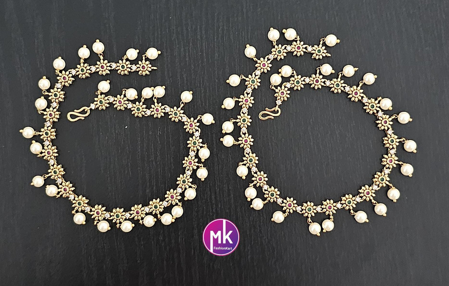 Matte gold finish/Gold finish Premium Quality AD stone Multi-color Anklet/Leg chain/kolusu with hanging pearls - MK Fashionkart