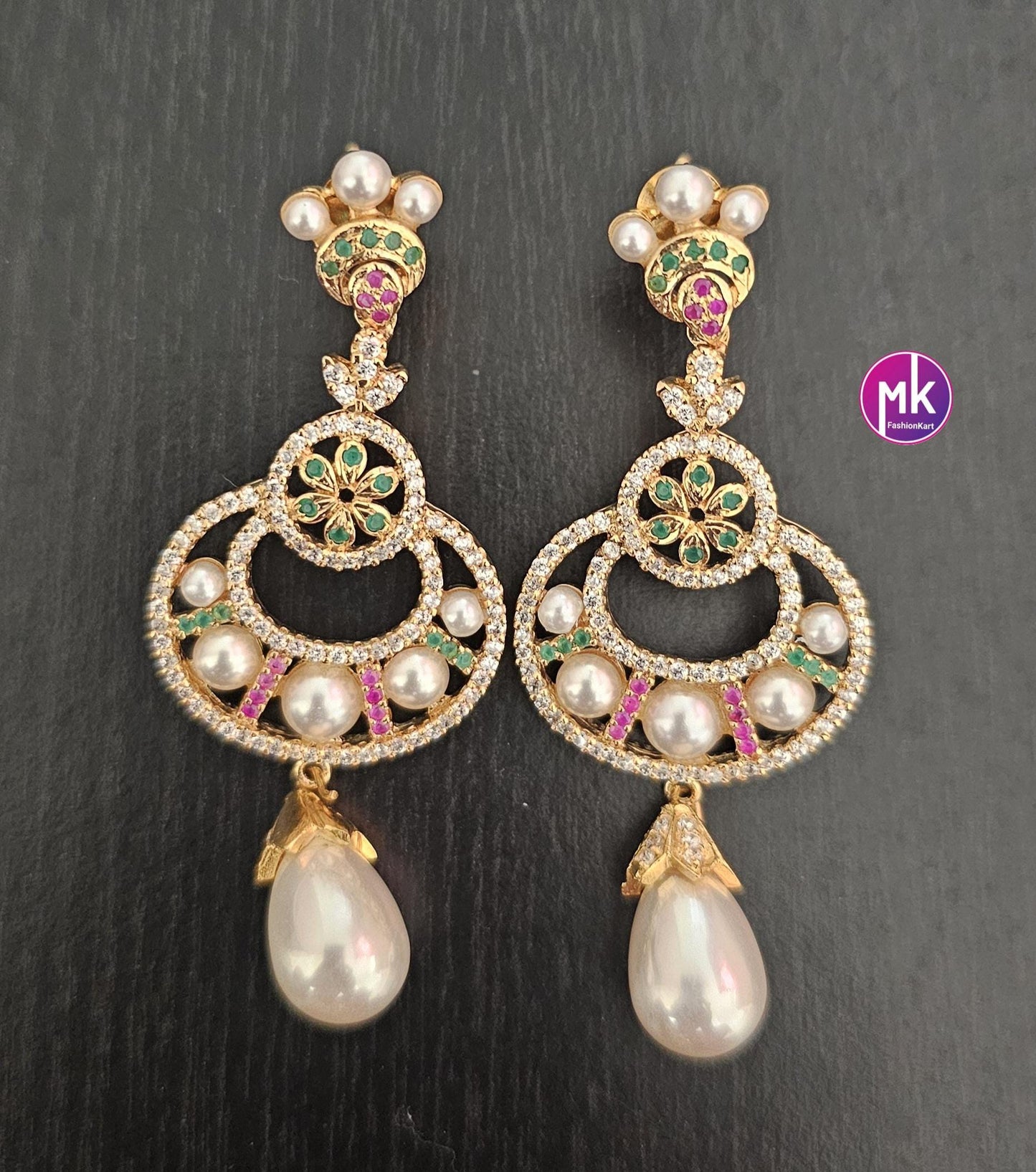 Premium Quality Hyderabad pearl gold finish AD stones Earrings with hanging pearl - Wedding Earrings - MK Fashionkart - Fashion Jewelry
