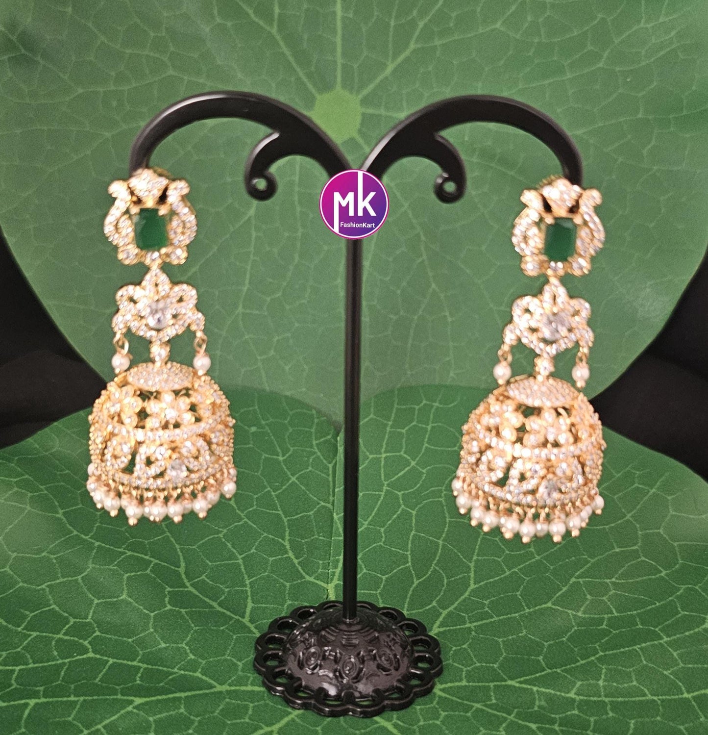 Premium Quality Gold finish long Jhumka with hangings pearls - Wedding Jhumka - Bridal Jhumka - MK Fashionkart - Fashion Jewelry