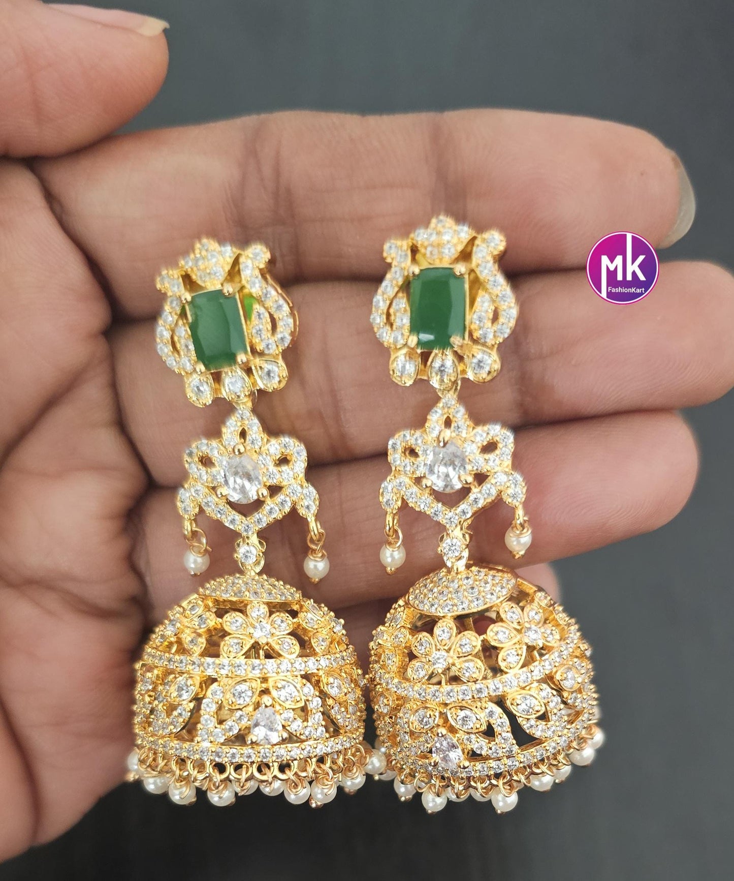 Premium Quality Gold finish long Jhumka with hangings pearls - Wedding Jhumka - Bridal Jhumka - MK Fashionkart - Fashion Jewelry