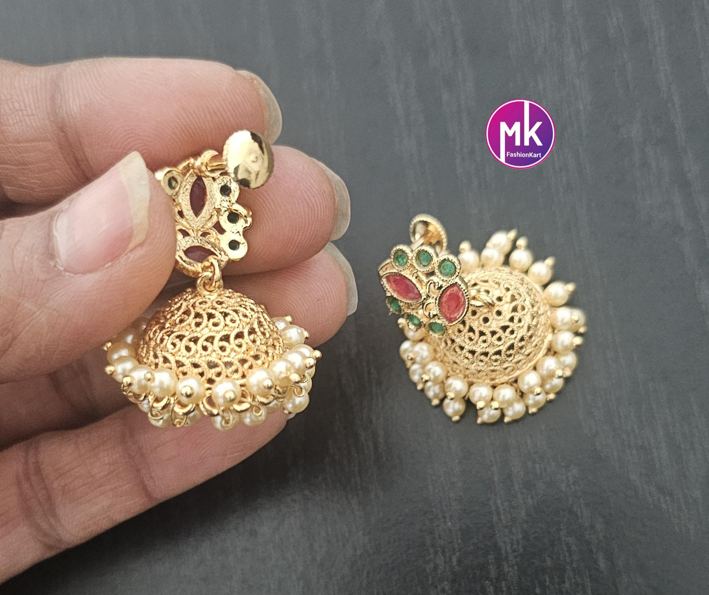 Premium Quality premium AD Stone with Pearl hanging Jhumkas - Wedding Jhumka - MK Fashionkart - Fashion Jewelry