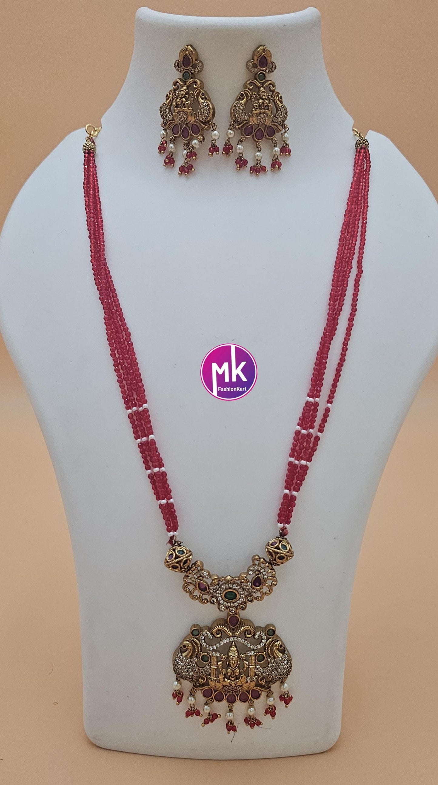 Lakshmi Peacock Premium Quality Pendent with Multi-layer crystals beads long mala with Beautiful Earrings - Bead Necklace - MK Fashionkart