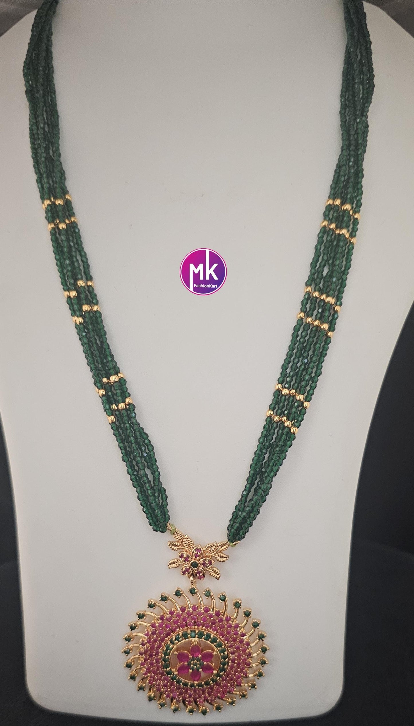 Multi-Layer Crystals beads Mala with Pendent - Long mala - Bead Necklace - MK Fashionkart