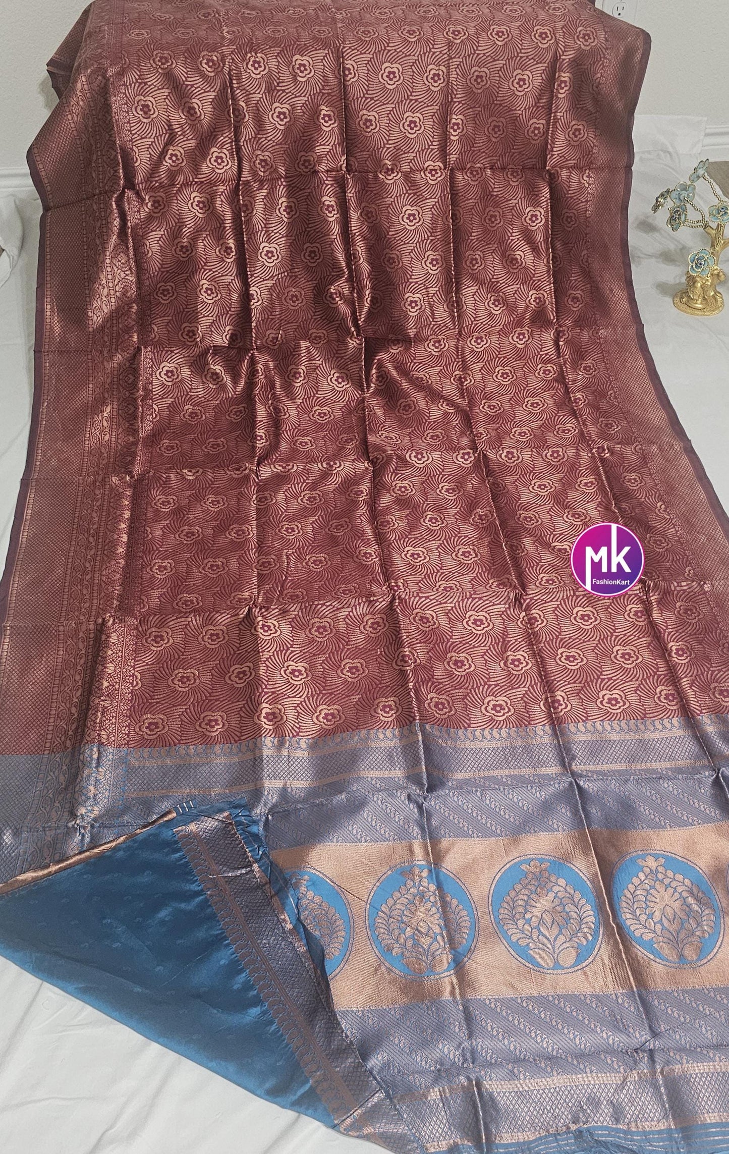 Semi Banarasi Fancy Silk Saree - Exclusive banarasi kanchipuram designs - Saree w running blouse - Pooja return gift saree - MK Fashionkart