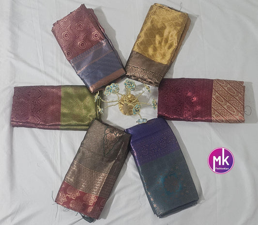 Semi Banarasi Fancy Silk Saree - Exclusive banarasi kanchipuram designs - Saree w running blouse - Pooja return gift saree - MK Fashionkart