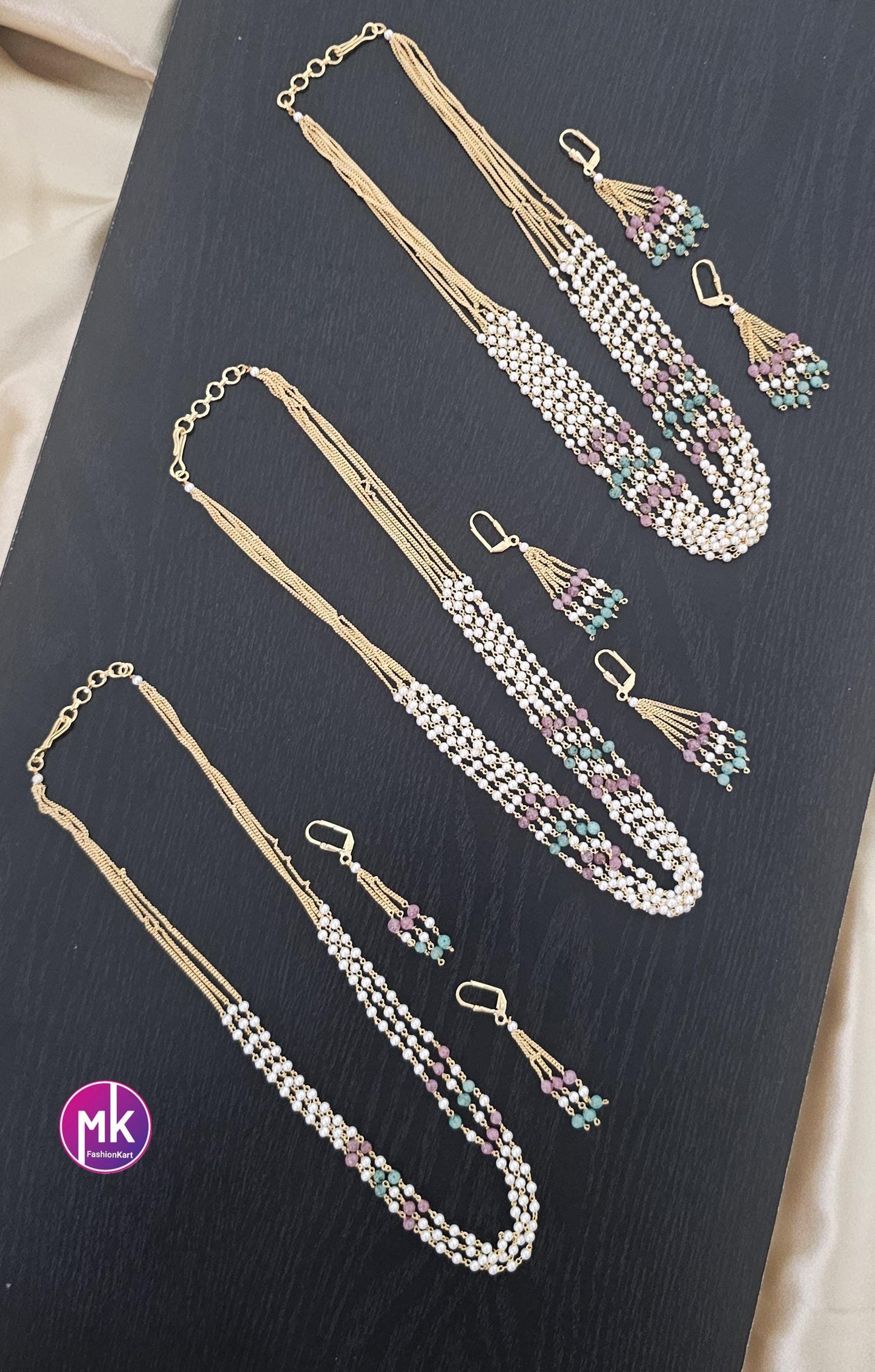 Beautiful trending gold finish multi-layer pearl mala with cute matching earrings - Fashion Jewelry - MK Fashionkart