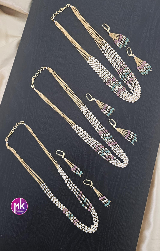 Beautiful trending gold finish multi-layer pearl mala with cute matching earrings - Fashion Jewelry - MK Fashionkart