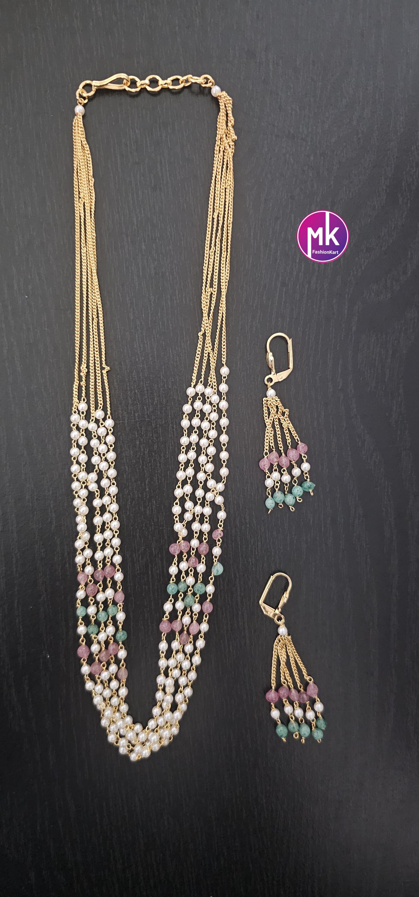 Beautiful trending gold finish multi-layer pearl mala with cute matching earrings - Fashion Jewelry - MK Fashionkart