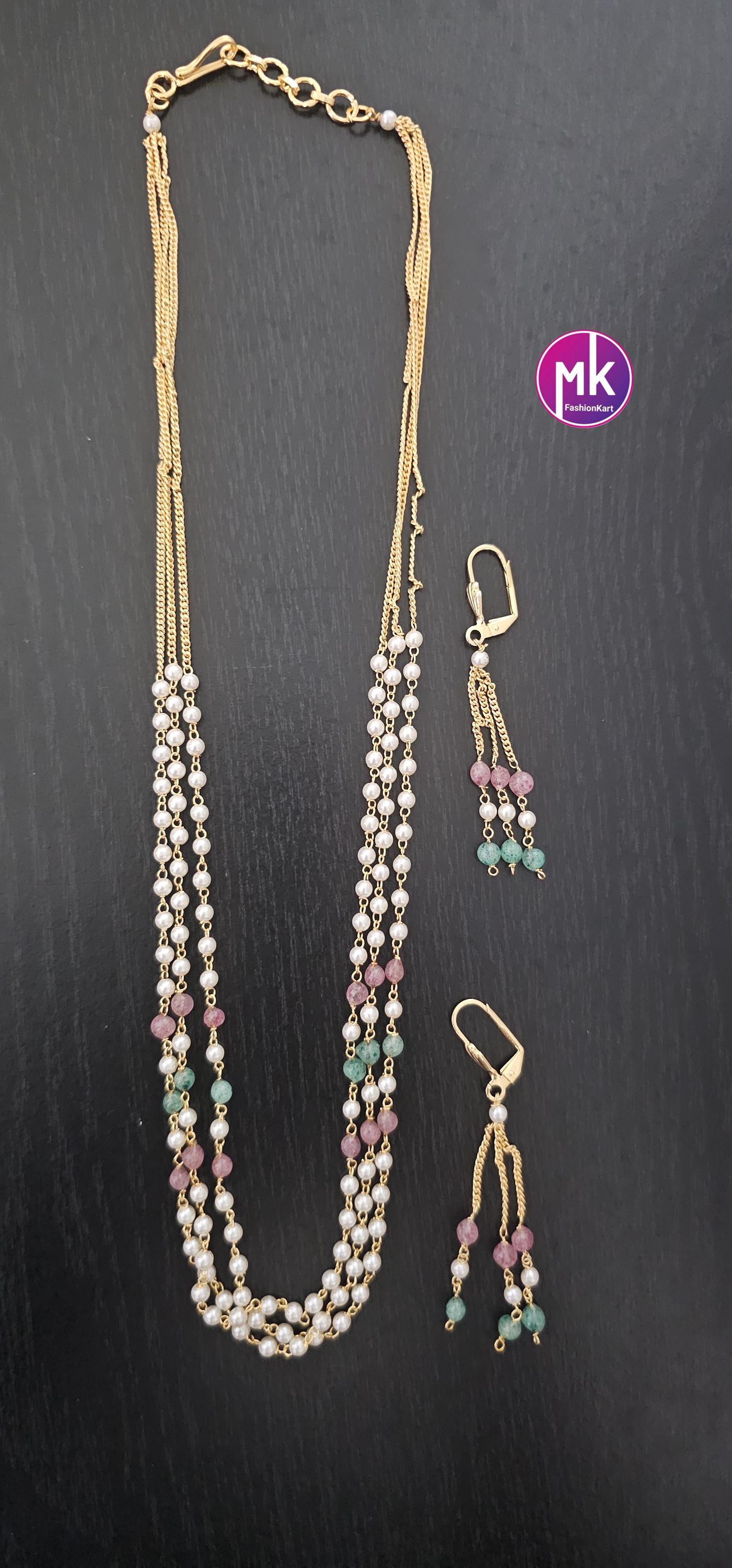 Beautiful trending gold finish multi-layer pearl mala with cute matching earrings - Fashion Jewelry - MK Fashionkart
