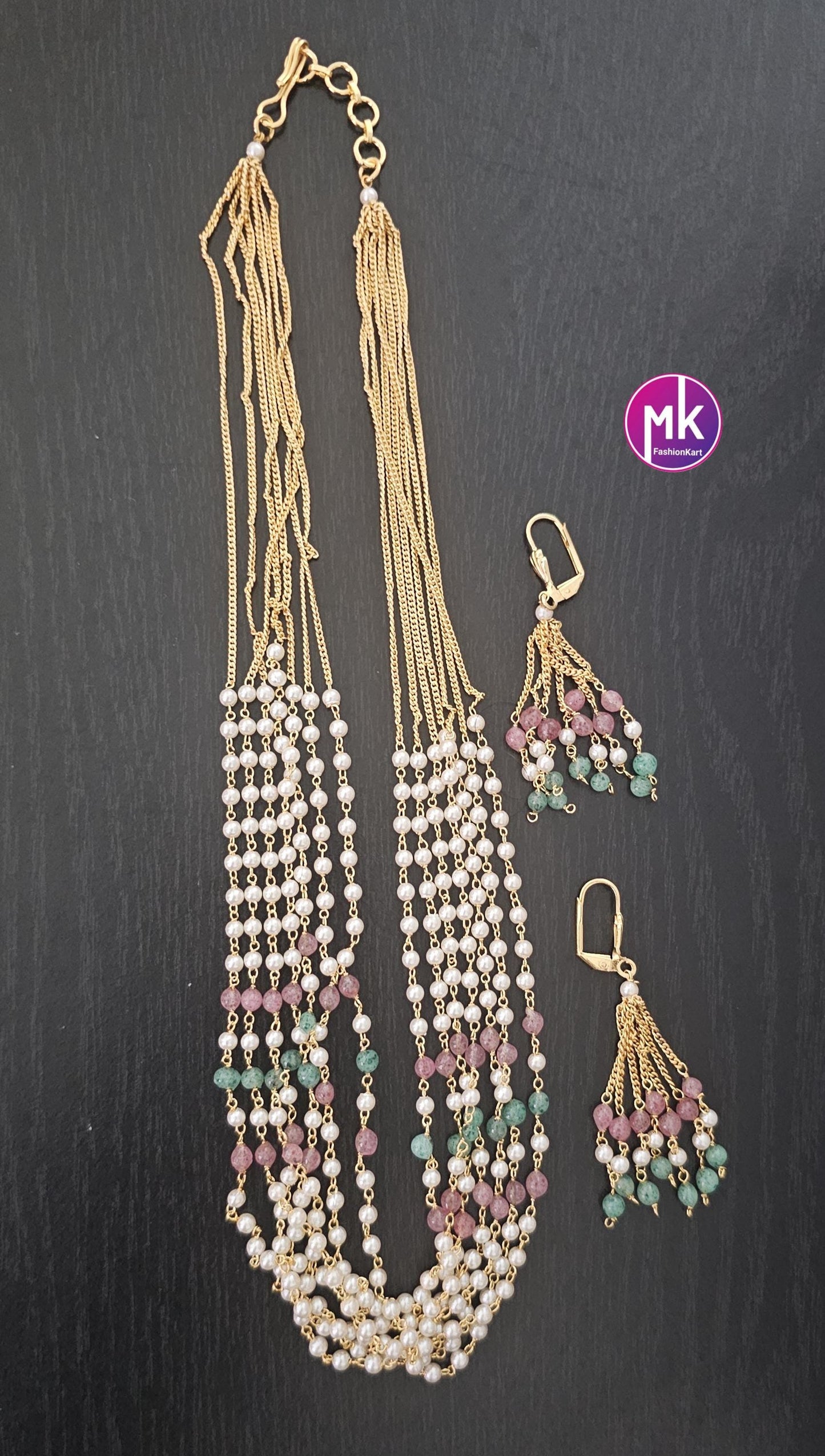 Beautiful trending gold finish multi-layer pearl mala with cute matching earrings - Fashion Jewelry - MK Fashionkart