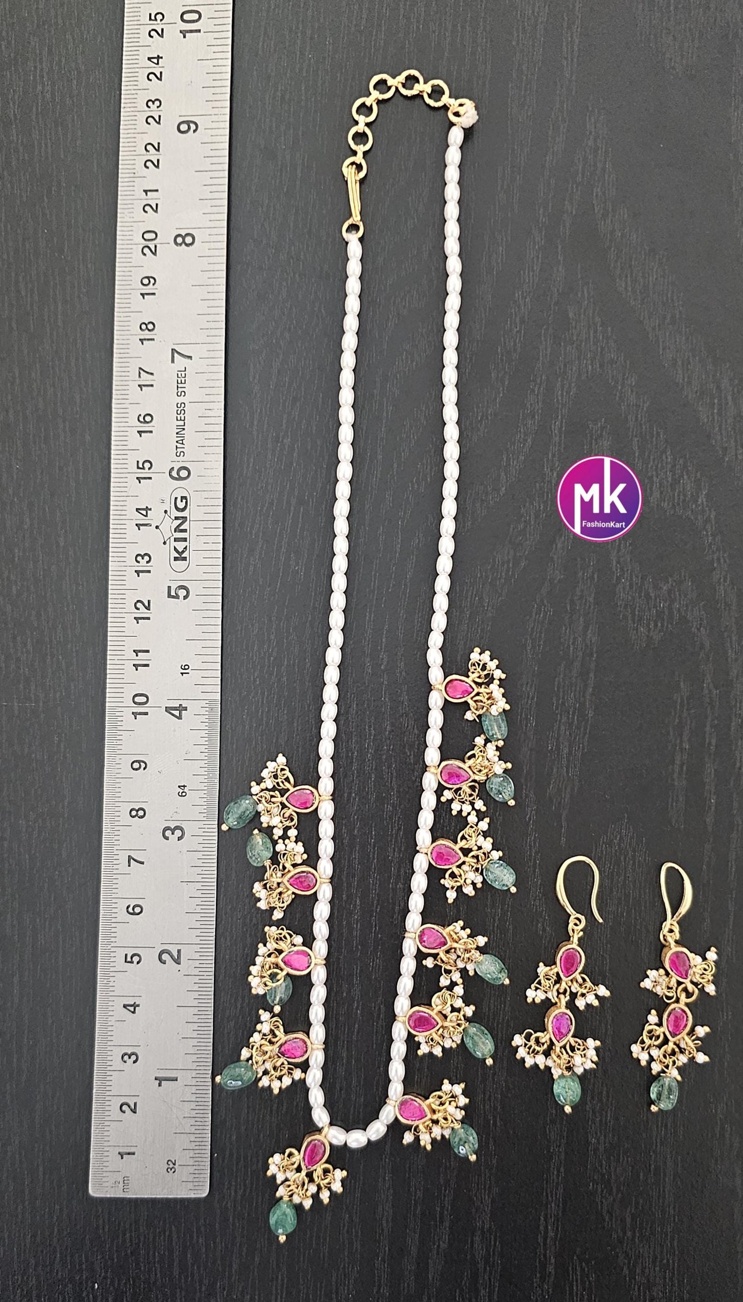 Jadau Kundan handmade Necklace with pearls and matching cute Earrings - Lite weight Jewelry - Fashion Jewelry - MK Fashionkart