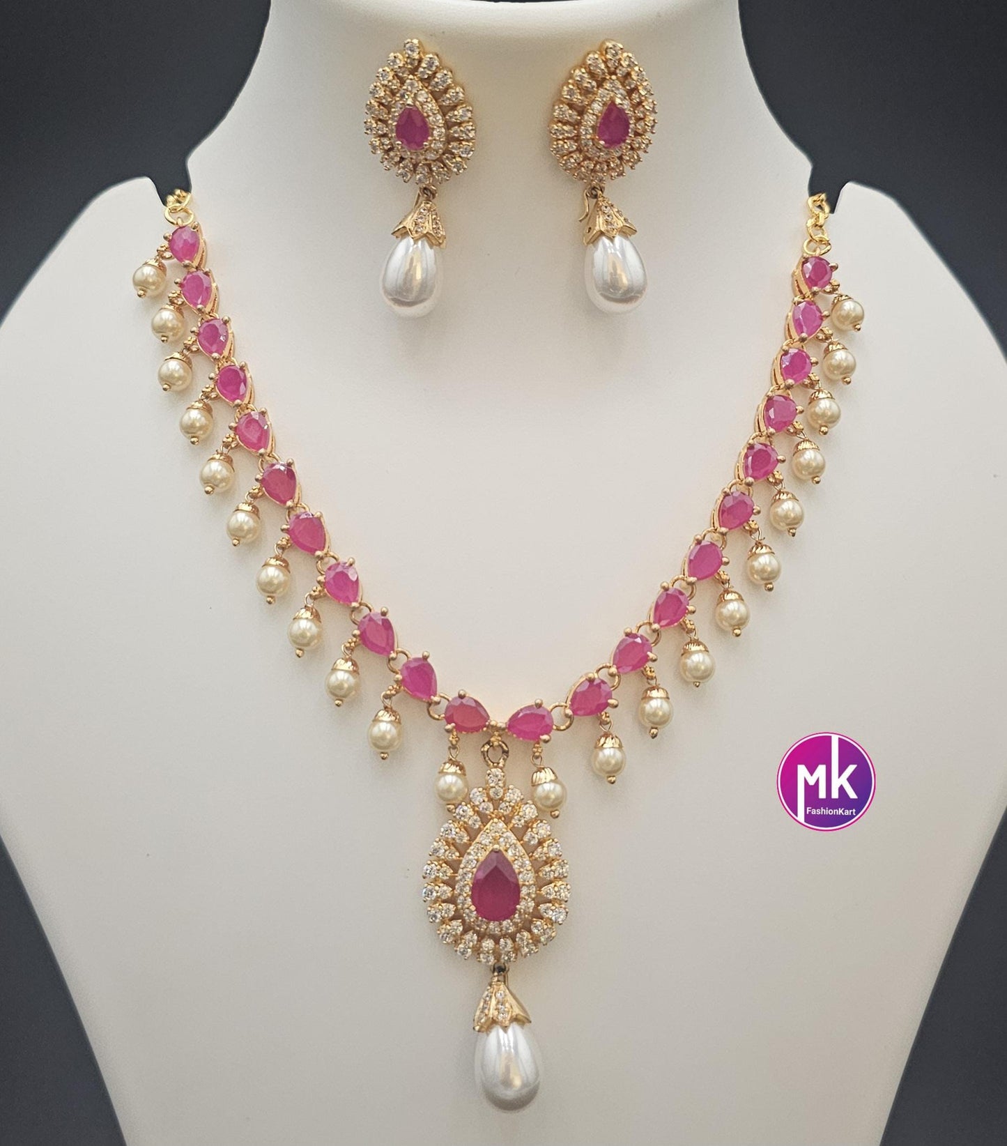 Premium gold finish AD Ruby stone necklace w matching Earrings hanging hyderabad pearl - Mom and Daughter - Fashion Jewelry - MK Fashionkart