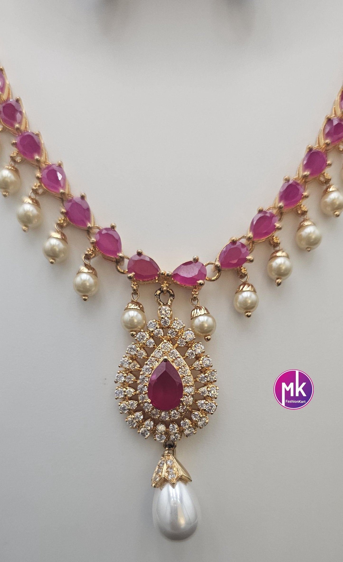 Premium gold finish AD Ruby stone necklace w matching Earrings hanging hyderabad pearl - Mom and Daughter - Fashion Jewelry - MK Fashionkart