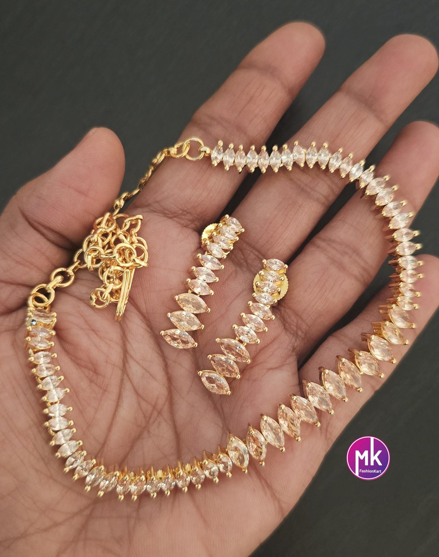 Golden AD Stone Premium gold finish necklace with matching Earrings - Mom and Daughter - Fashion Jewelry - MK Fashionkart