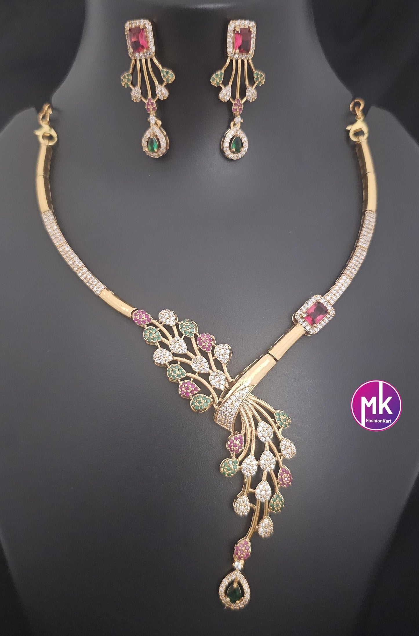 Stunning collection of peacock feather design Hasli AD stone necklace with matching Earrings - Fashion Jewelry - MK Fashionkart