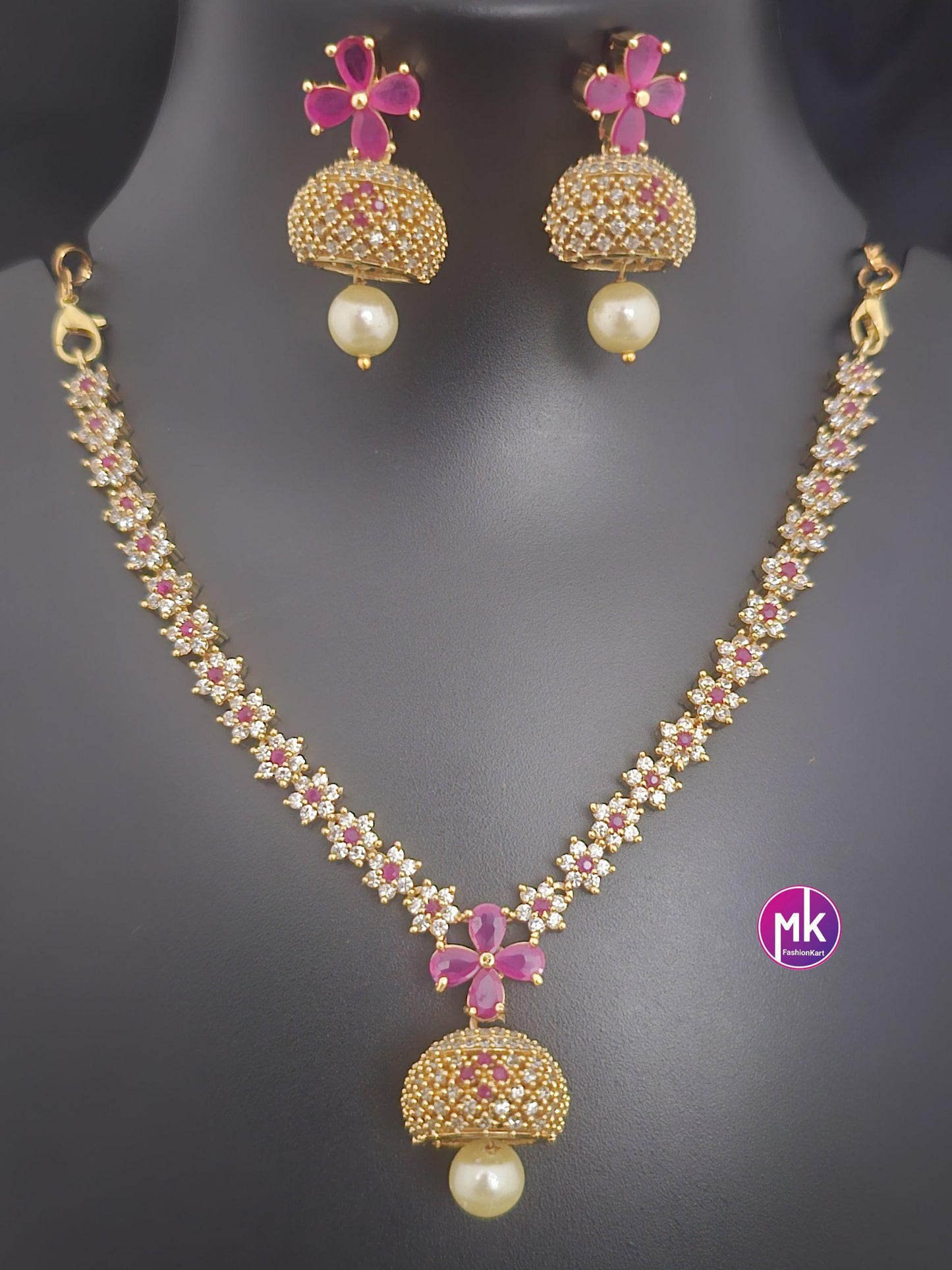 CZ and AD Stone Premium Gold Finish flower design Necklace with matching Jhumka - Mom Daughter Necklace - Fashion Jewelry - MK Fashionkart