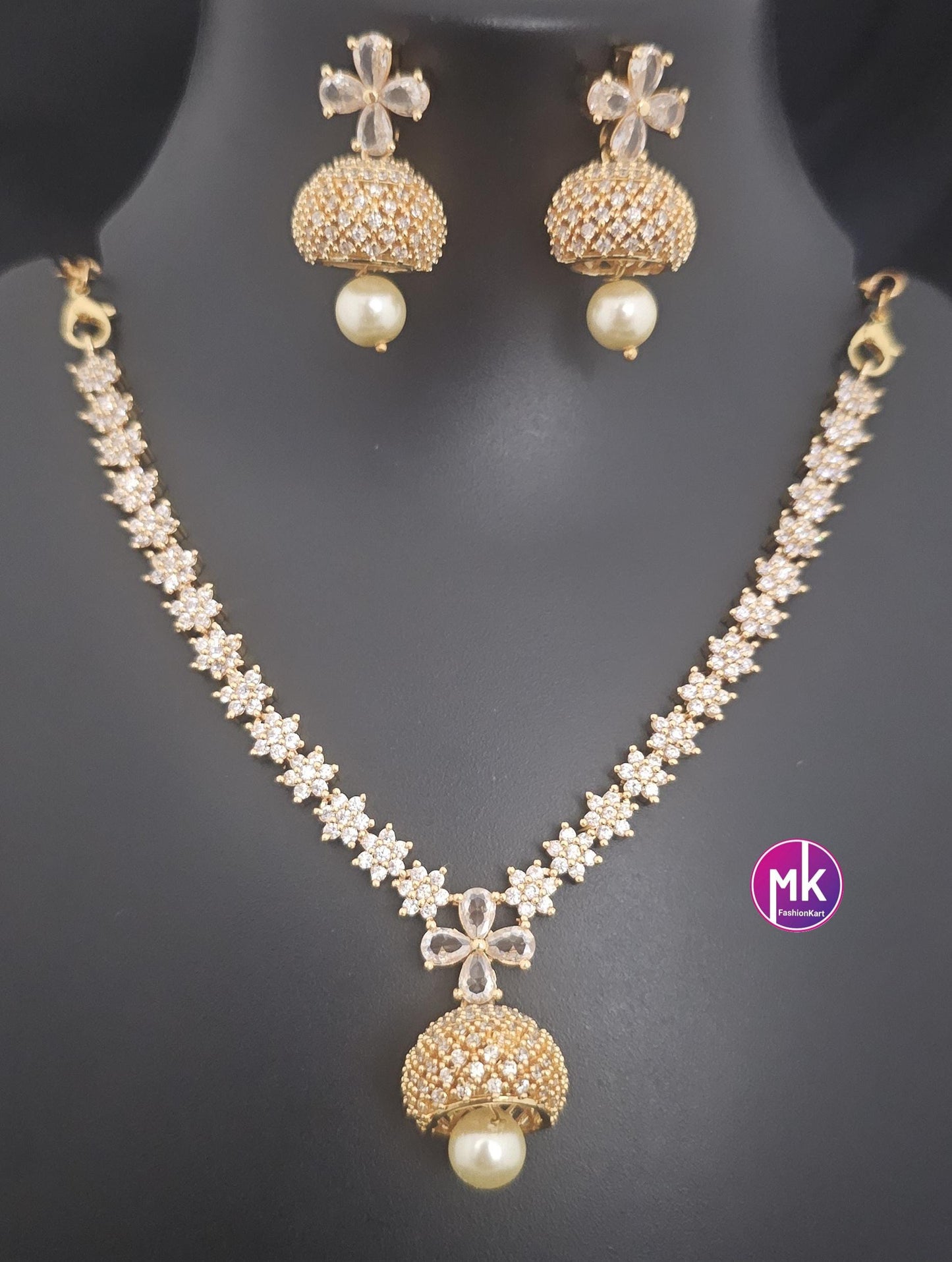 CZ and AD Stone Premium Gold Finish flower design Necklace with matching Jhumka - Mom Daughter Necklace - Fashion Jewelry - MK Fashionkart