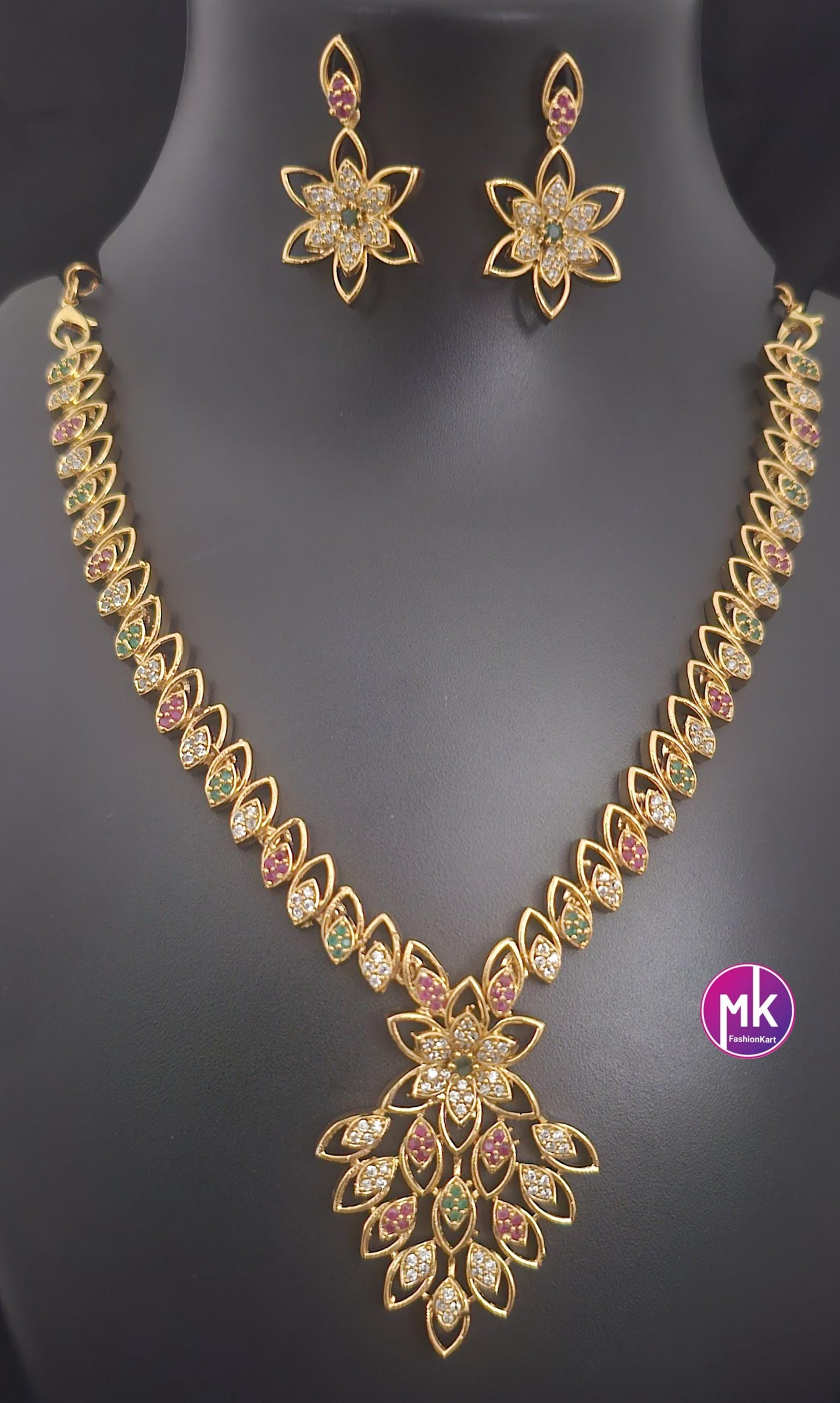 Beautiful flower design AD stone necklace with matching flower Earrings - Mom and Daughter Necklace - Fashion Jewelry - MK Fashionkart
