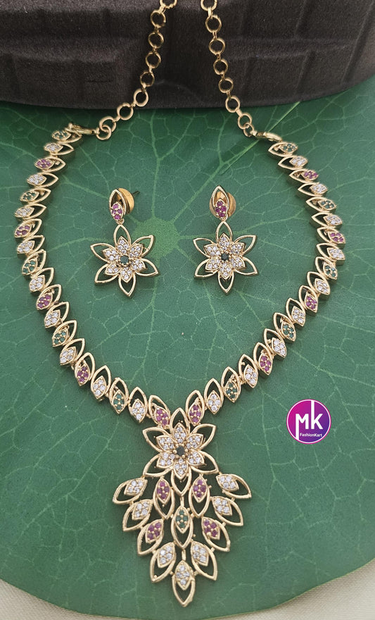 Beautiful flower design AD stone necklace with matching flower Earrings - Mom and Daughter Necklace - Fashion Jewelry - MK Fashionkart