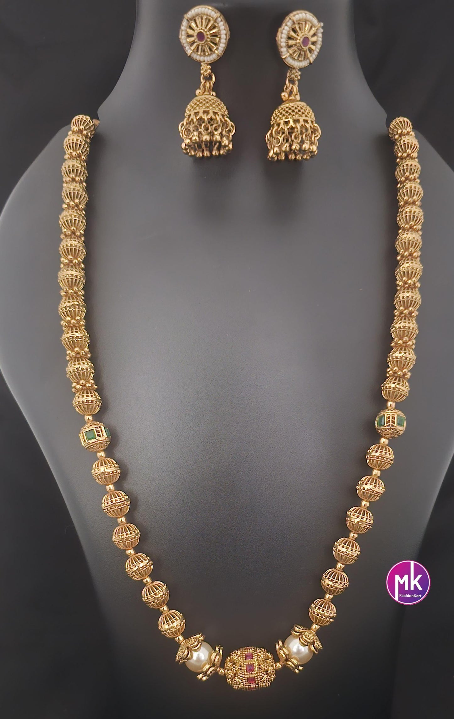 Beautiful contemporary Matte finish bead mala chain with matching Earrings - Fashion Jewelry - Partywear Chain set - MK Fashionkart