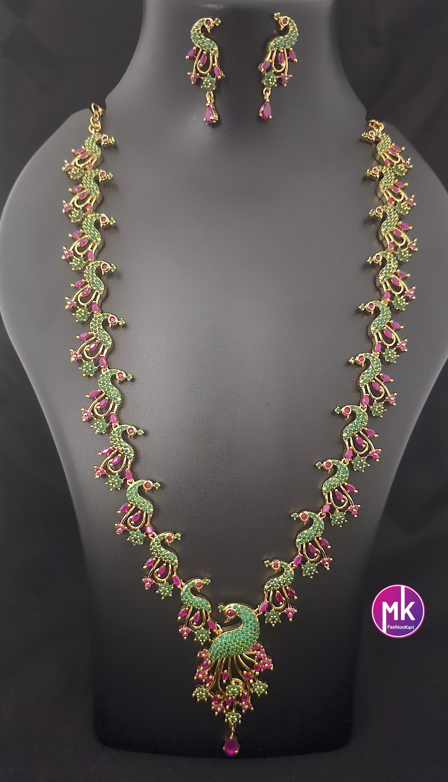 Peacock design Emerald and Ruby AD stone Premium Gold Finish Haram with matching Earrings - Fashion Jewelry - MK Fashionkart