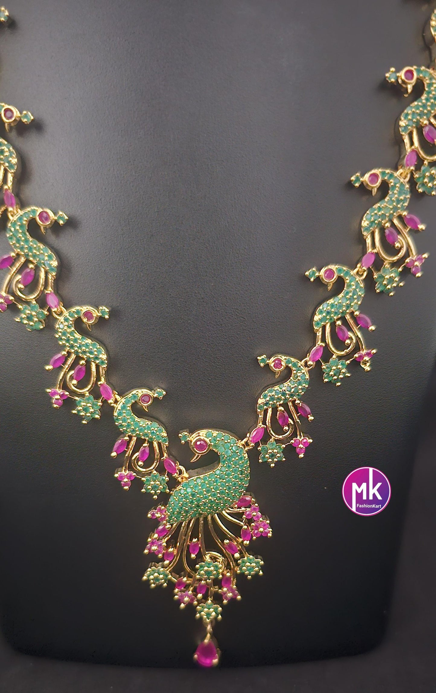 Peacock design Emerald and Ruby AD stone Premium Gold Finish Haram with matching Earrings - Fashion Jewelry - MK Fashionkart