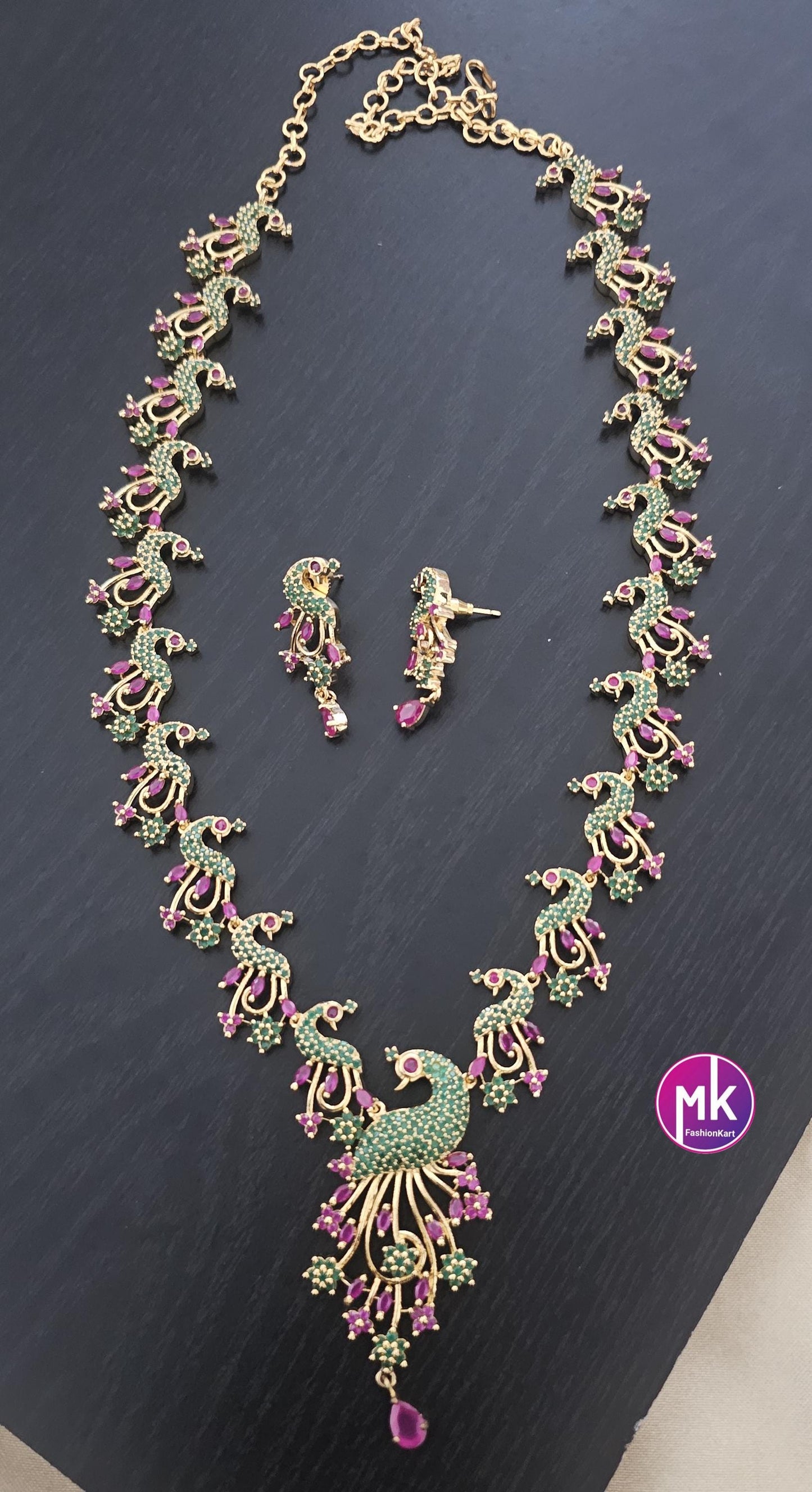 Peacock design Emerald and Ruby AD stone Premium Gold Finish Haram with matching Earrings - Fashion Jewelry - MK Fashionkart