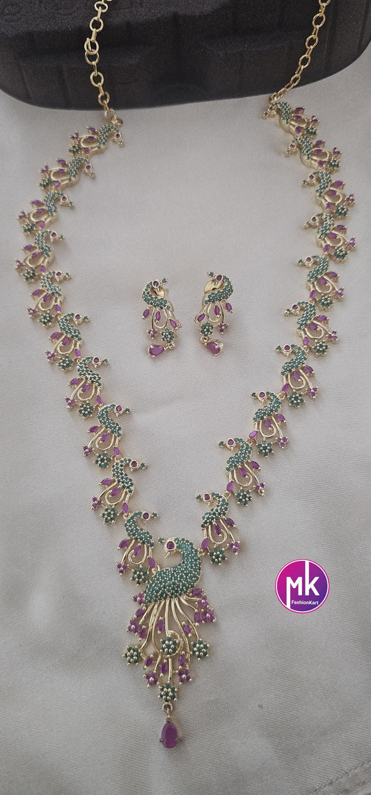 Peacock design Emerald and Ruby AD stone Premium Gold Finish Haram with matching Earrings - Fashion Jewelry - MK Fashionkart