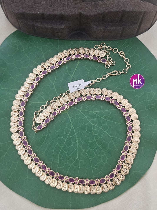 Premium quality Lakshmi Kasu Gold finish Ruby AD Stone Haram - Gold Haram Replica - Indian Fashion Jewelry - MK Fashionkart