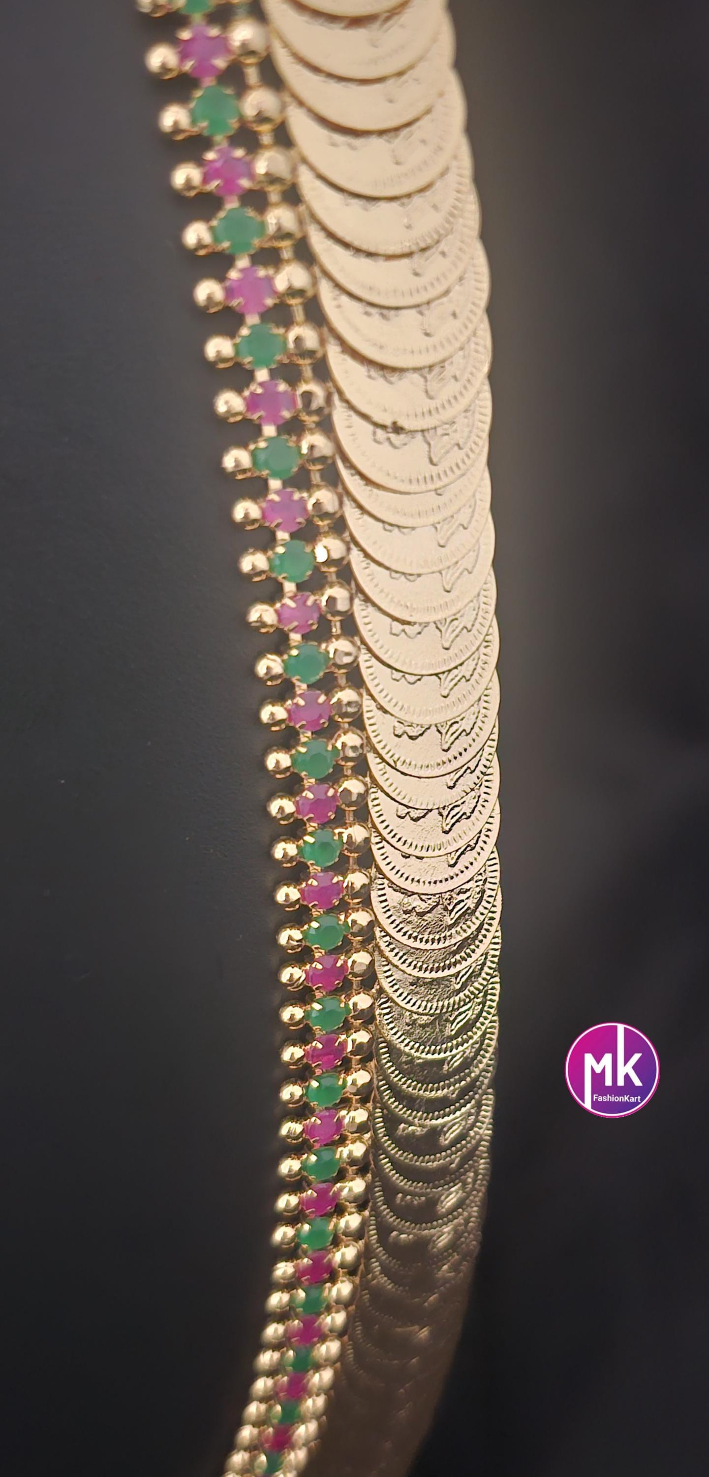 Premium quality Lakshmi Kasu Gold finish Multi-color AD Stone Haram - Gold Haram Replica - Indian Fashion Jewelry - MK Fashionkart
