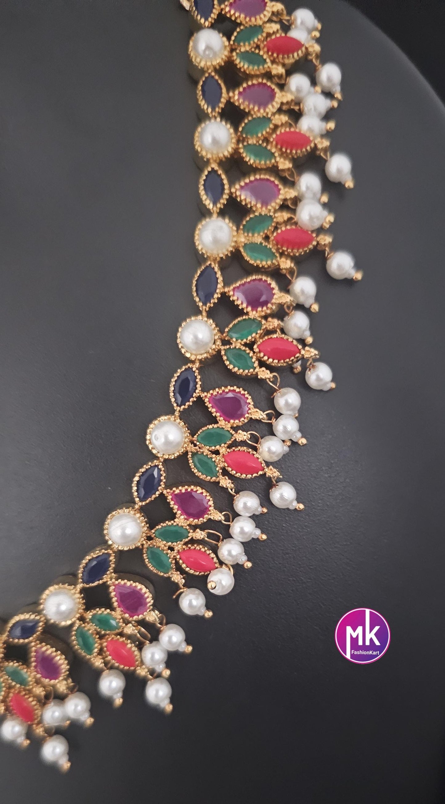 Beautiful Flower design AD stone Multi-color stone Bridal necklace with hanging pearls matching Earrings - Fashion Jewelry - MK Fashionkart