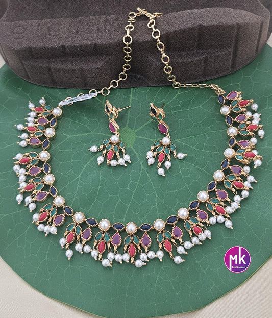 Beautiful Flower design AD stone Multi-color stone Bridal necklace with hanging pearls matching Earrings - Fashion Jewelry - MK Fashionkart