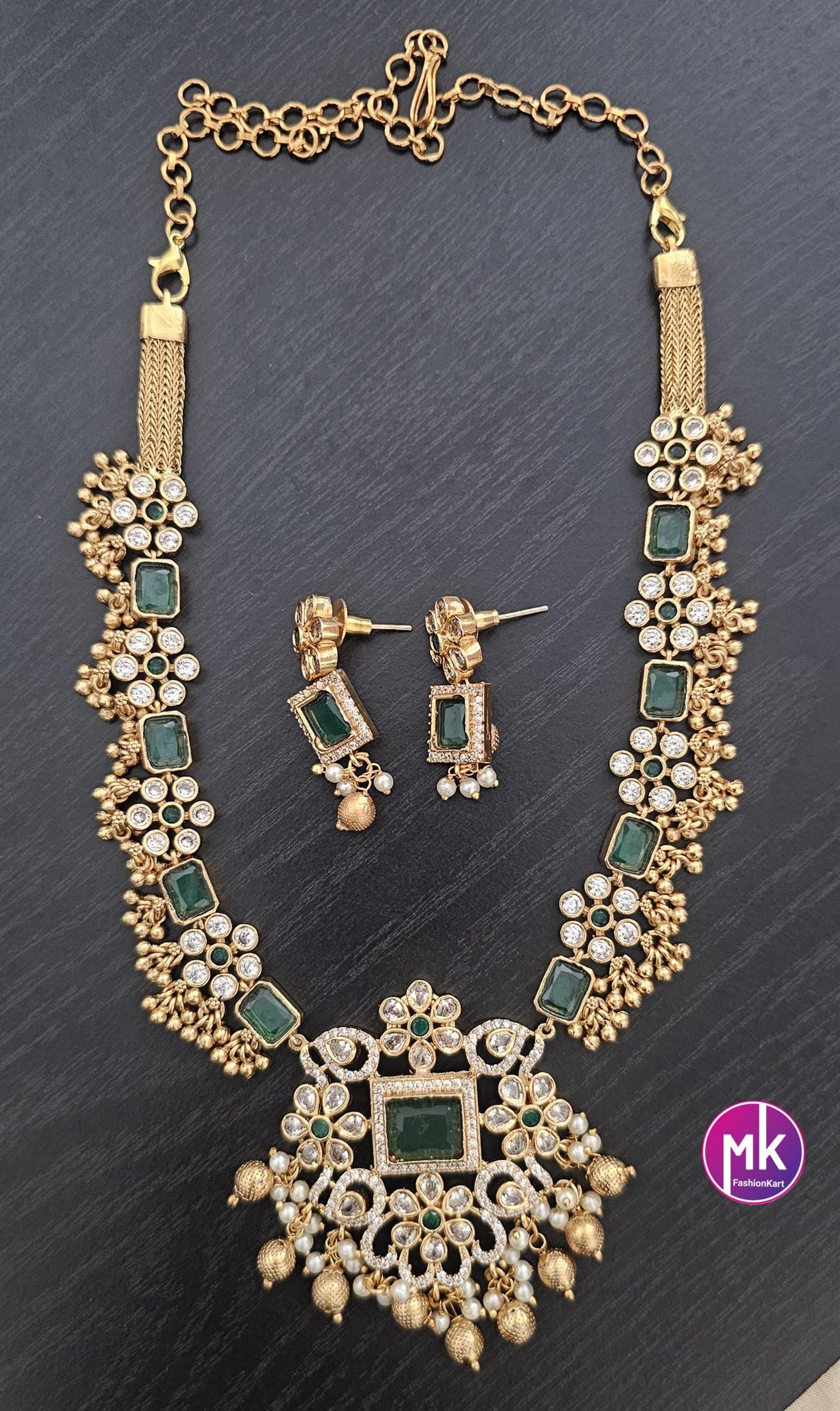 Emerald AD Stone Flower design Premium matte gold finish necklace w matching Earrings - Bridal Necklace - Fashion Jewelry - MK Fashionkart
