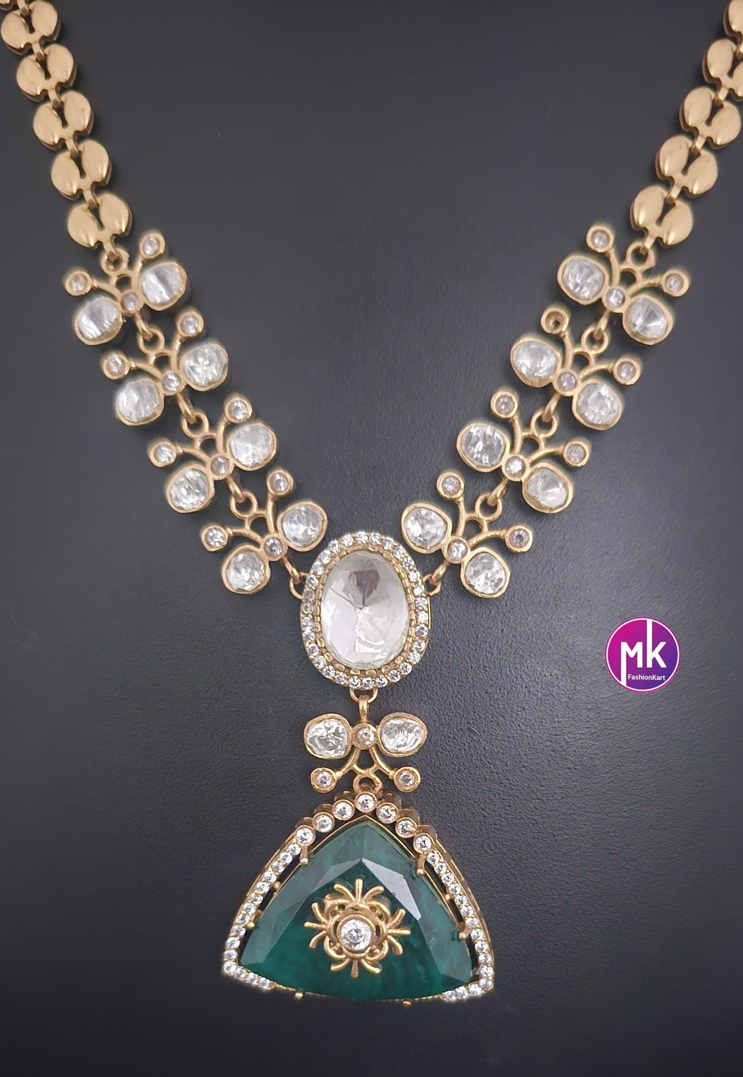 Celebrity Style Emerald Moissanite stone Premium antique gold finish necklace w matching Earrings - Fashion Jewelry - MK Fashionkart