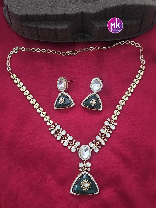 Celebrity Style Emerald Moissanite stone Premium antique gold finish necklace w matching Earrings - Fashion Jewelry - MK Fashionkart