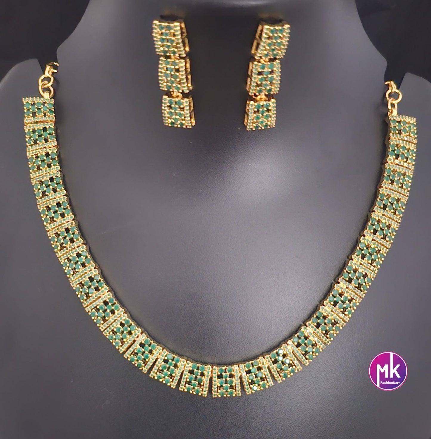 Emerald AD Stone Premium gold finish necklace with matching Earrings - Mom and Daughter - Fashion Jewelry - MK Fashionkart