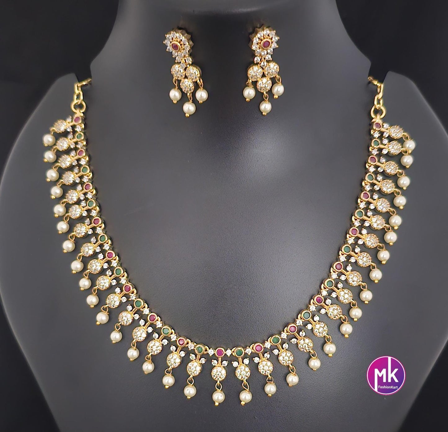 Premium Gold Finish AD stone Necklace with hanging pearls and matching Earrings - Mom Daughter Necklace - Fashion Jewelry - MK Fashionkart