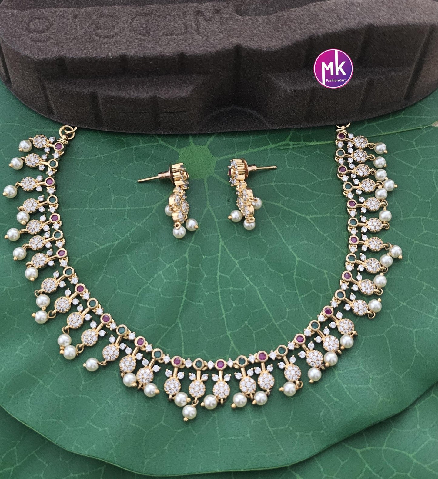 Premium Gold Finish AD stone Necklace with hanging pearls and matching Earrings - Mom Daughter Necklace - Fashion Jewelry - MK Fashionkart