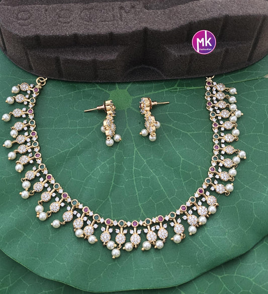 Premium Gold Finish AD stone Necklace with hanging pearls and matching Earrings - Mom Daughter Necklace - Fashion Jewelry - MK Fashionkart