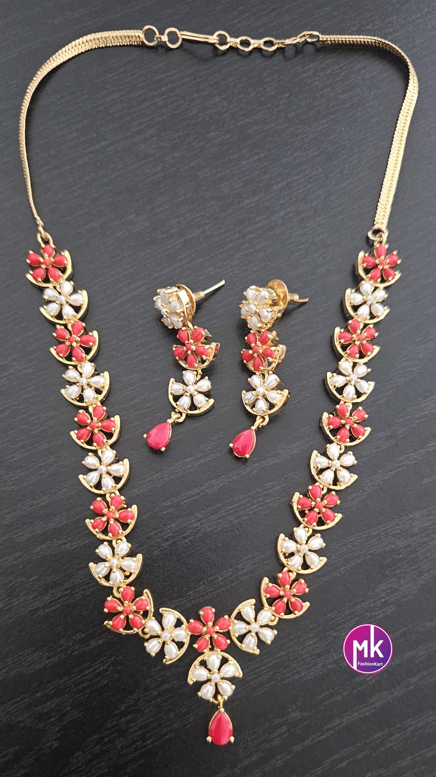 Celebrity style beautiful Pearl Coral Necklace w matching beautiful Earrings - Adult cum Teen Necklace - MK Fashionkart - Fashion Jewelry