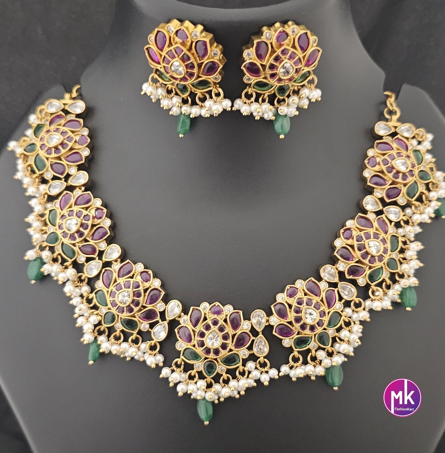 Premium Quality Matte gold finish beautiful lotus design kemp stone Necklace with matching Earrings - MK Fashionkart - Fashion Jewelry