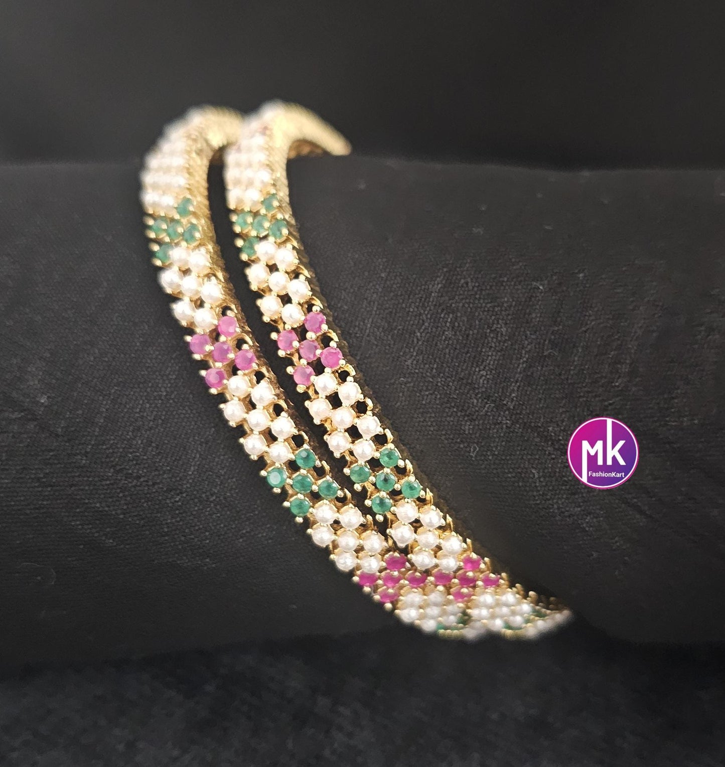 Gold Finish Hyderabad pearl bangles with AD stones - Set of 2 bangles - Size 2.4, 2.6, 2.8 - Women Bangles - Wedding bangle - MK Fashionkart