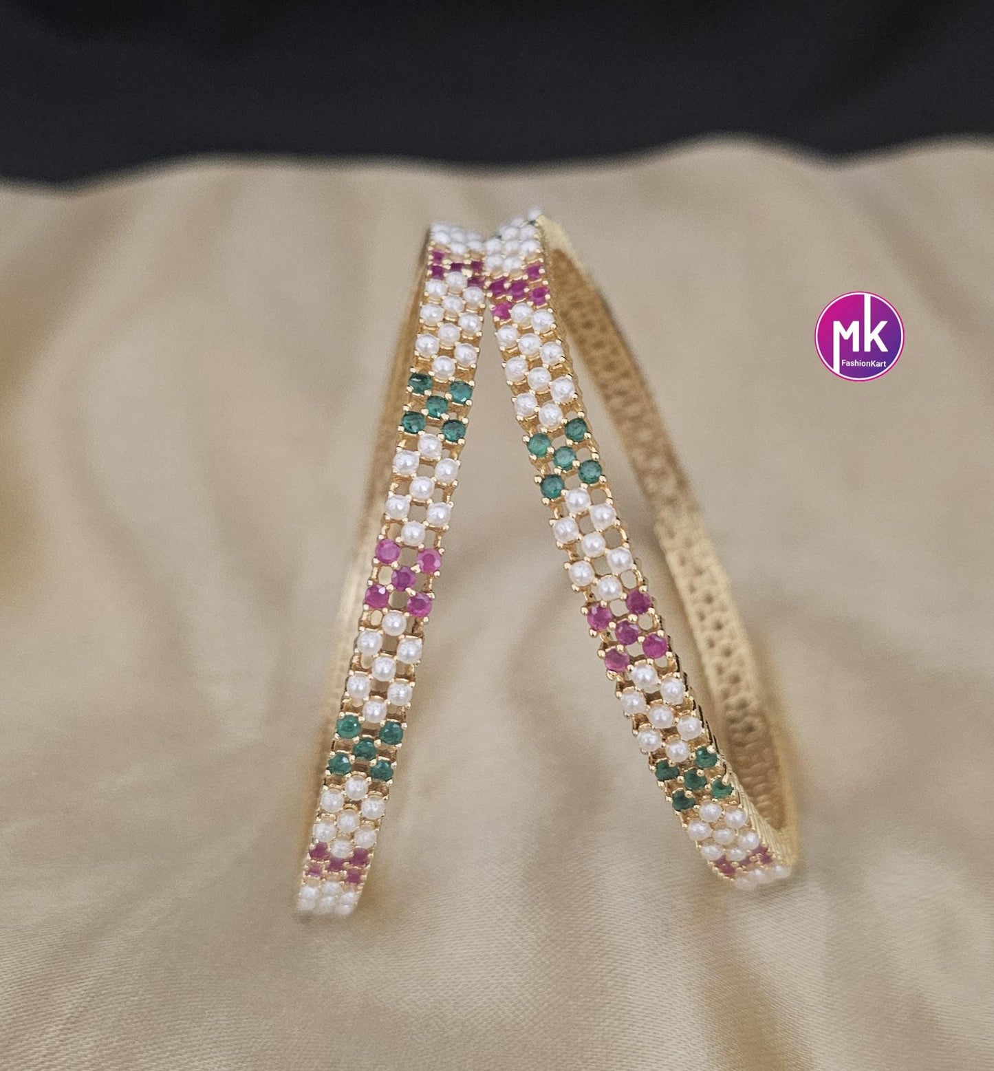 Gold Finish Hyderabad pearl bangles with AD stones - Set of 2 bangles - Size 2.4, 2.6, 2.8 - Women Bangles - Wedding bangle - MK Fashionkart