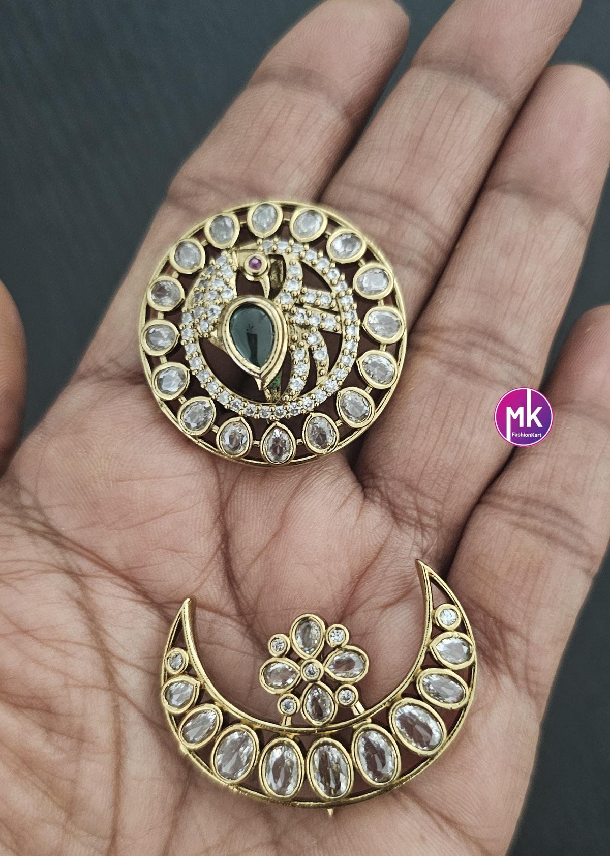 Wonderful Peacock design Sun Moon Head set with Antique gold finish and kemp stones -Hair Accessories - MK Fashionkart
