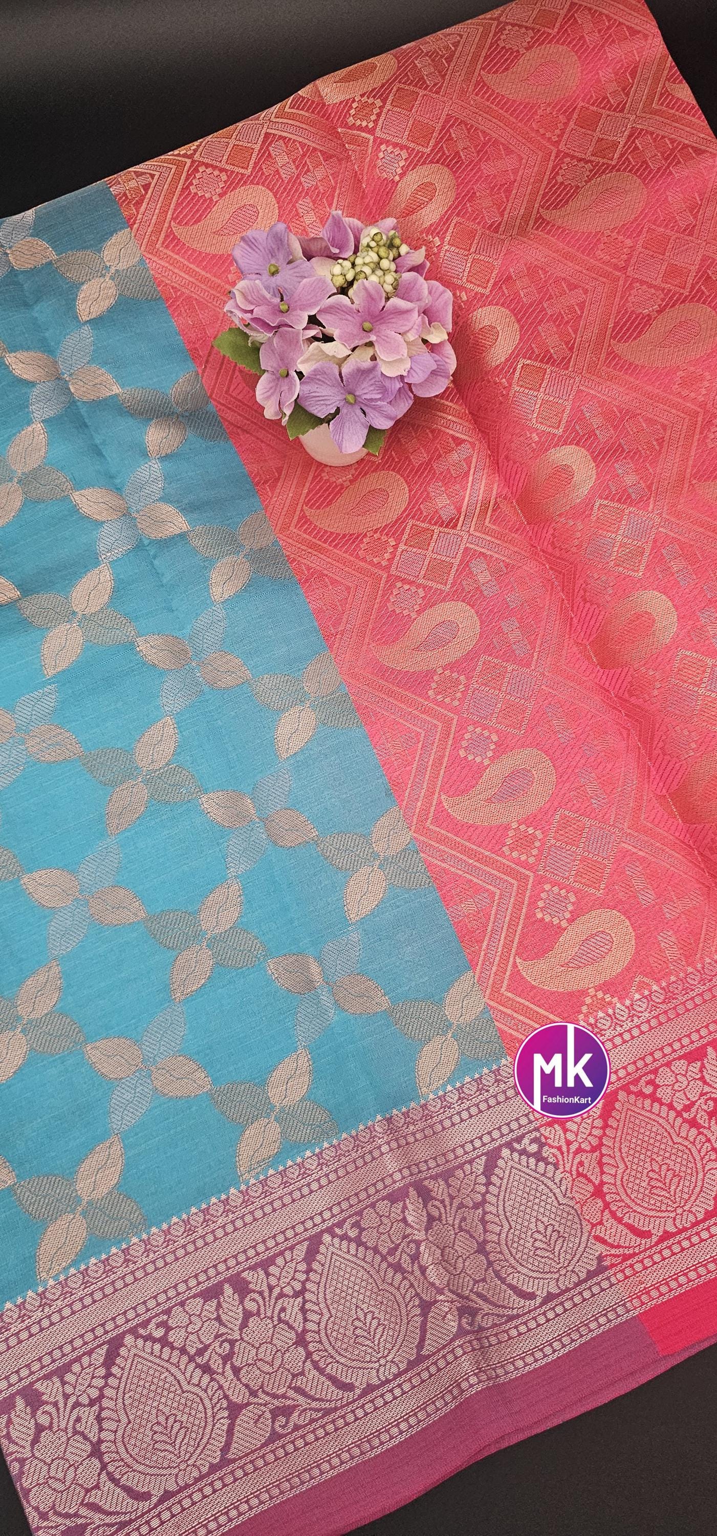 Floral Design Fancy Tissue Art Silk with Contrast pallu and Running blouse - Saree with running blouse - Partywear Saree - MK Fashionkart
