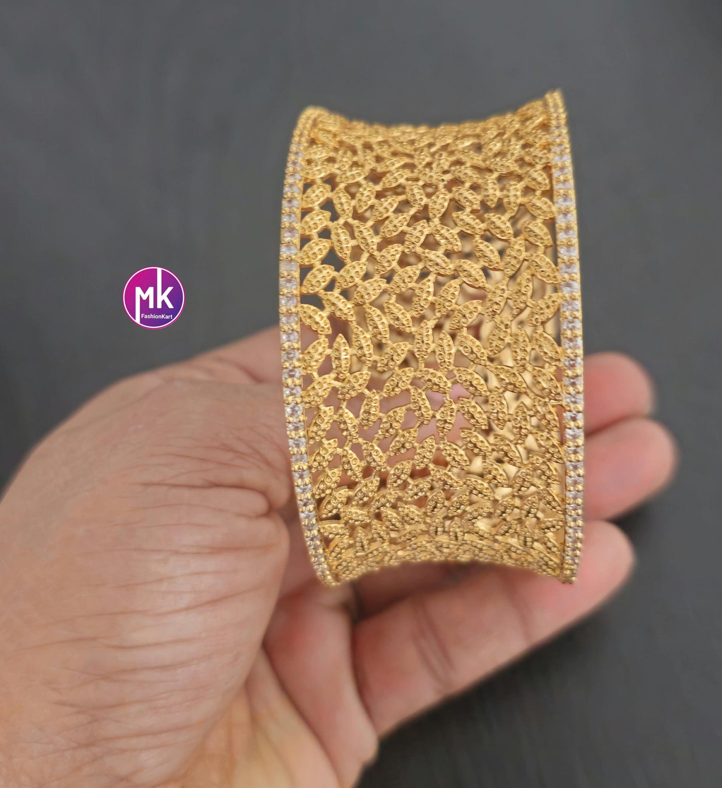 Luxury Gold Finish Big Wide Grand kada Bangle - Partywear Bangle - Size 2.6 - Fashion Jewelry - MK Fashionkart