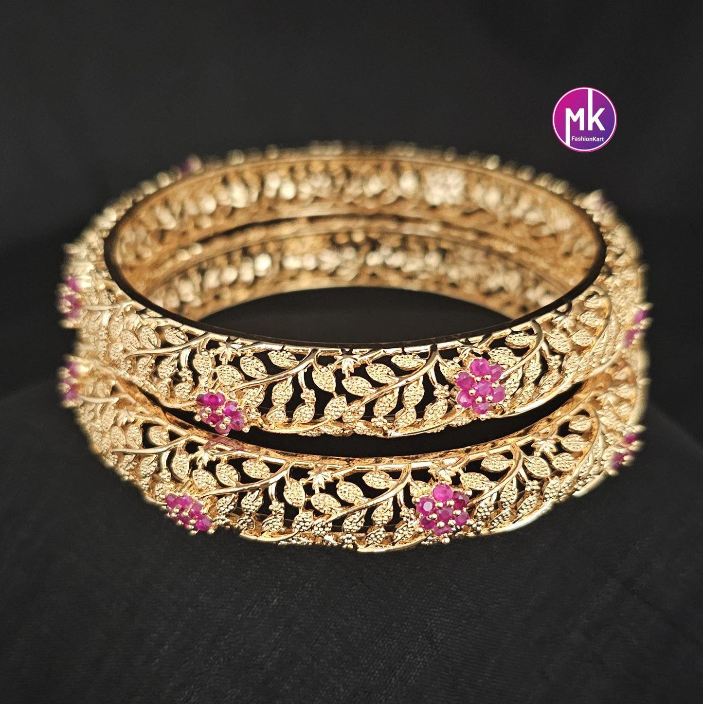 Gold Finish flower design Premium Quality AD stone Bangles - Set of 2 bangles - Size 2.6 and 2.8 - Fashion Jewelry - MK Fashionkart