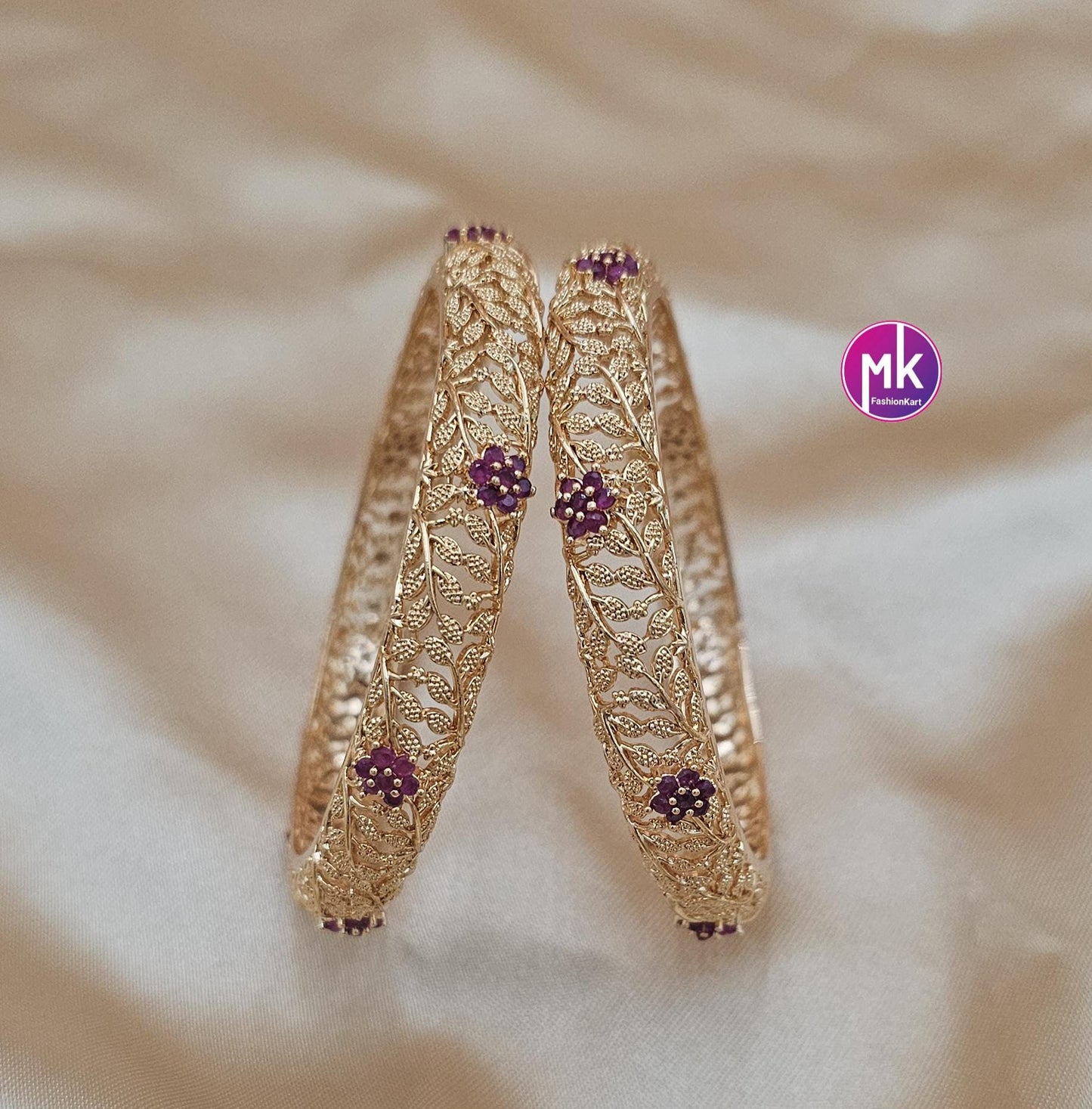 Gold Finish flower design Premium Quality AD stone Bangles - Set of 2 bangles - Size 2.6 and 2.8 - Fashion Jewelry - MK Fashionkart
